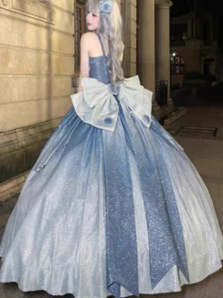 Robes Lolita féeriques bleues à nœuds fleuris scintillants robes Lolita longues