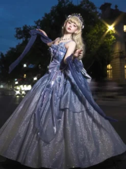 Robes Lolita féeriques bleues à nœuds fleuris scintillants robes Lolita longues