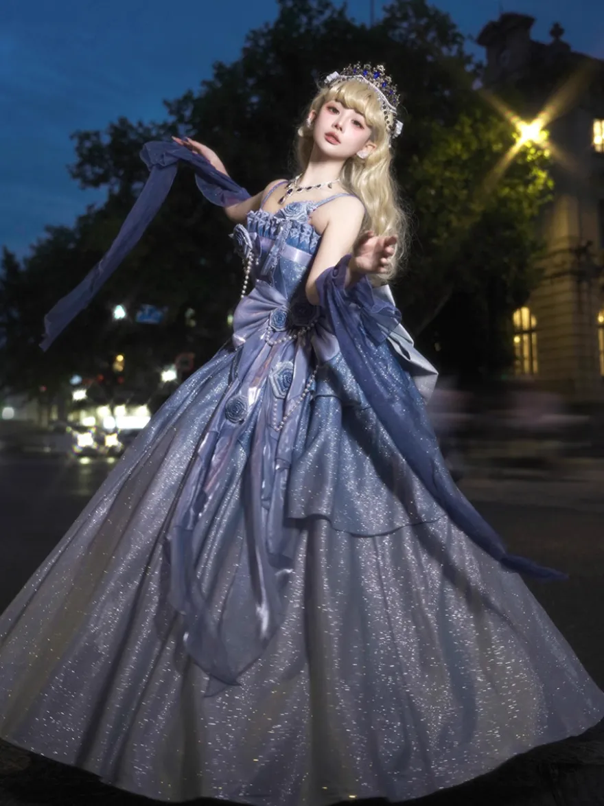 Robes Lolita féeriques bleues à nœuds fleuris scintillants robes Lolita longues
