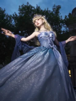 Robes Lolita féeriques bleues à nœuds fleuris scintillants robes Lolita longues