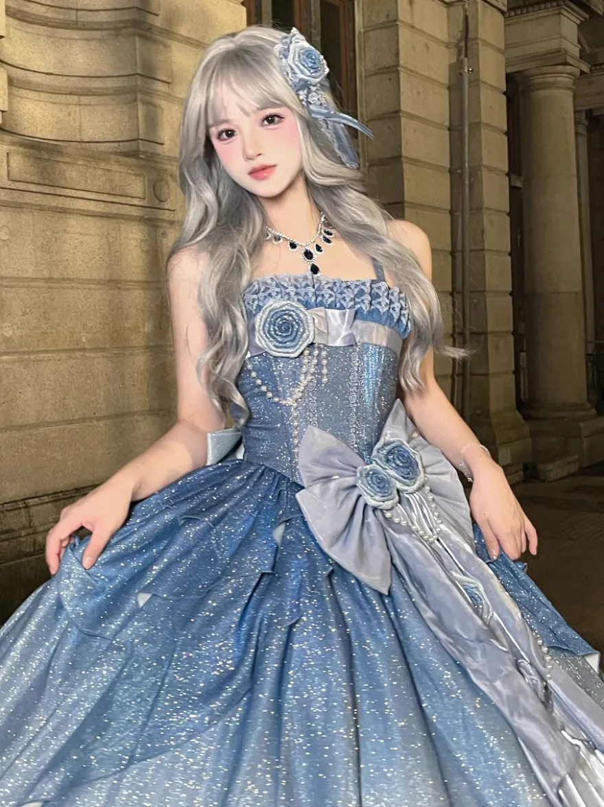 Robes Lolita féeriques bleues à nœuds fleuris scintillants robes Lolita longues