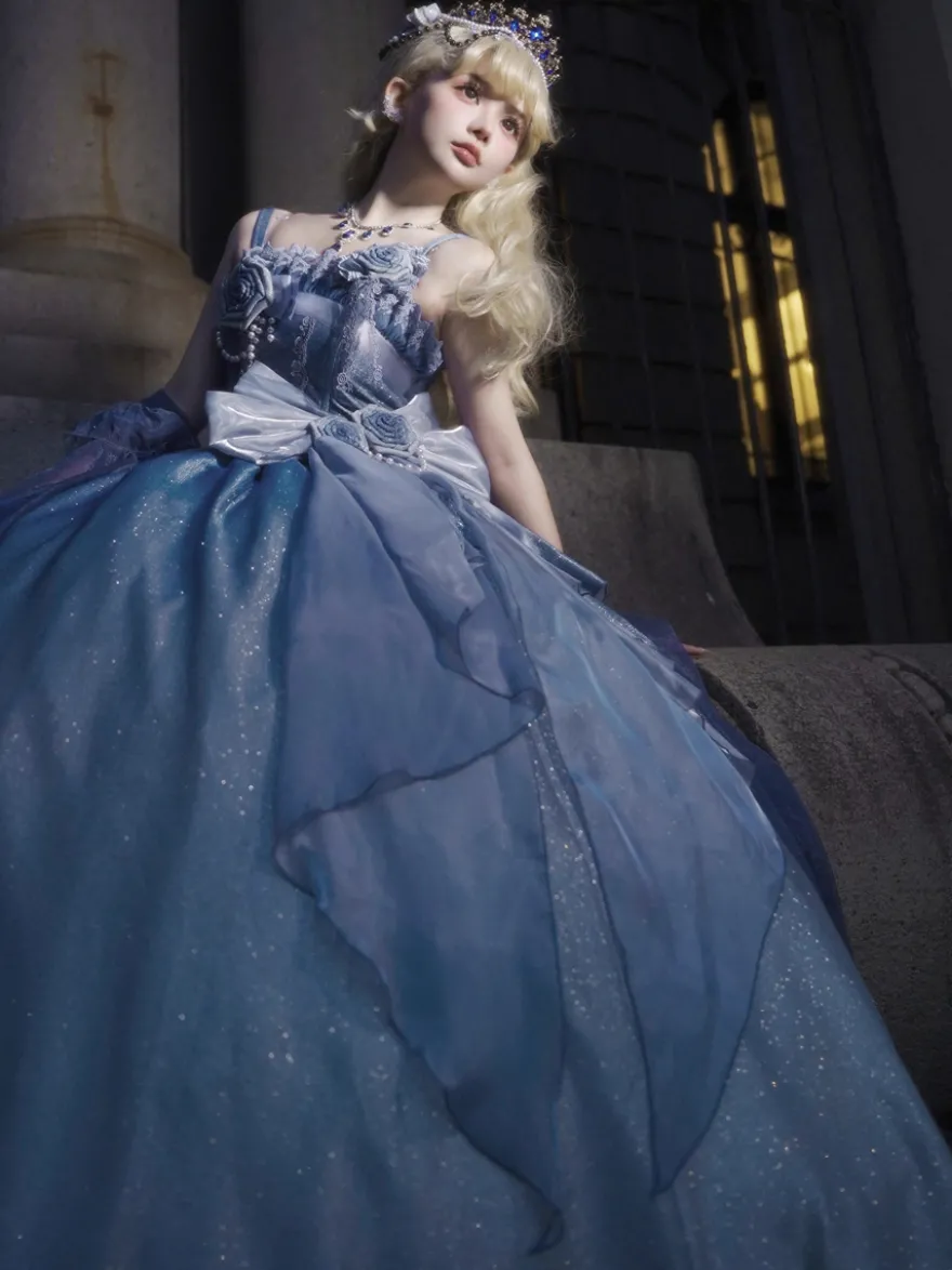 Robes Lolita féeriques bleues à nœuds fleuris scintillants robes Lolita longues