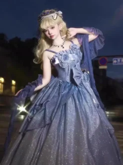Robes Lolita féeriques bleues à nœuds fleuris scintillants robes Lolita longues