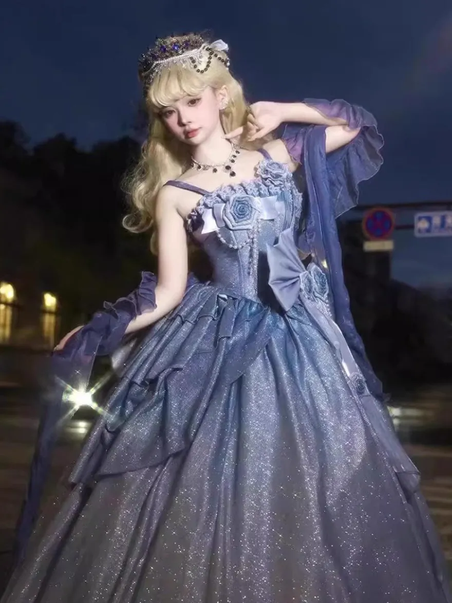 Robes Lolita féeriques bleues à nœuds fleuris scintillants robes Lolita longues