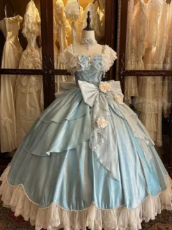 Robes Lolita féeriques bleues à nœuds fleurs et volants longues robes Lolita en dentelle