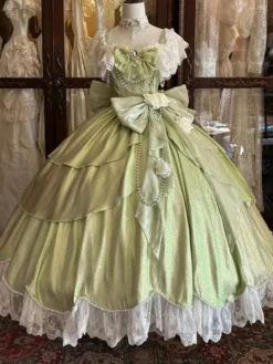 Robes Lolita féeriques bleues à nœuds fleurs et volants longues robes Lolita en dentelle