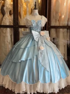 Robes Lolita féeriques bleues à nœuds fleurs et volants longues robes Lolita en dentelle