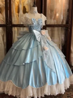 Robes Lolita féeriques bleues à nœuds fleurs et volants longues robes Lolita en dentelle