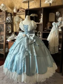 Robes Lolita féeriques bleues à nœuds fleurs et volants longues robes Lolita en dentelle