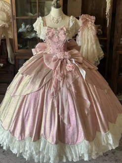 Robes Lolita féeriques bleues à nœuds fleurs et volants longues robes Lolita en dentelle