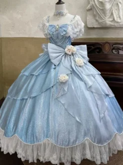 Robes Lolita féeriques bleues à nœuds fleurs et volants longues robes Lolita en dentelle