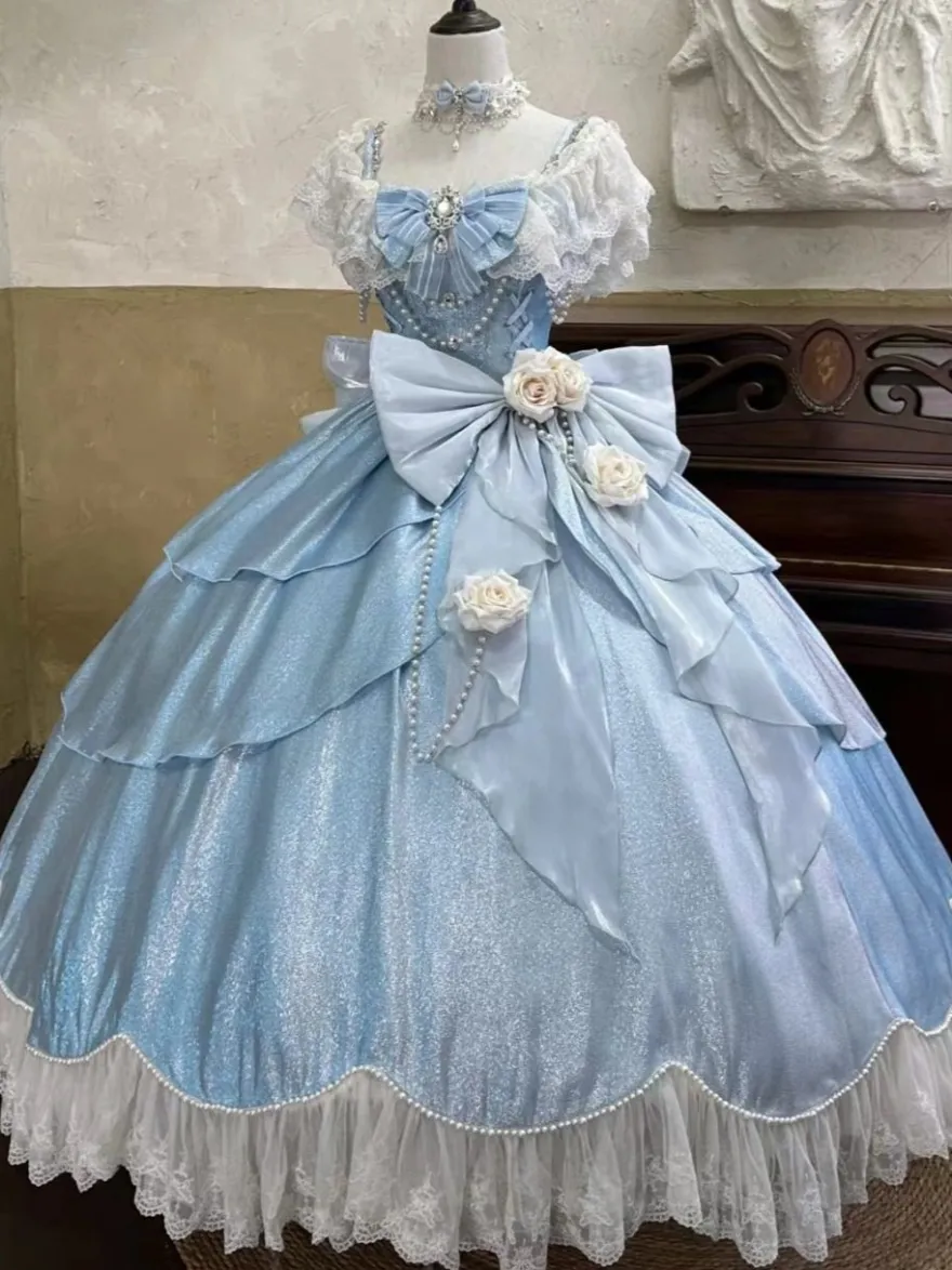Robes Lolita féeriques bleues à nœuds fleurs et volants longues robes Lolita en dentelle