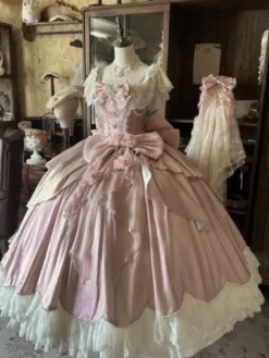 Robes Lolita féeriques bleues à nœuds fleurs et volants longues robes Lolita en dentelle