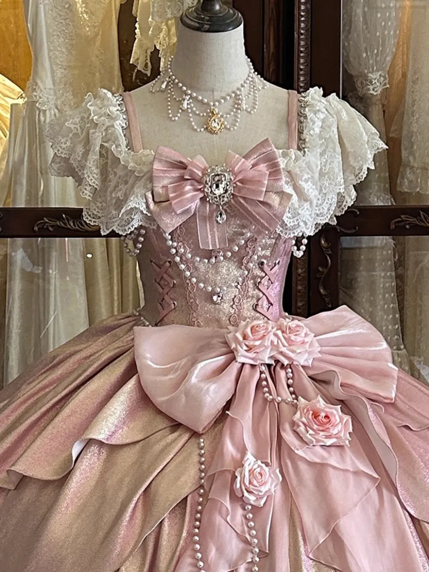 Robes Lolita féeriques bleues à nœuds fleurs et volants longues robes Lolita en dentelle