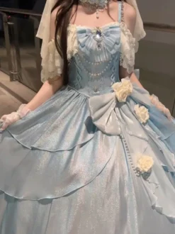 Robes Lolita féeriques bleues à nœuds fleurs et volants longues robes Lolita en dentelle