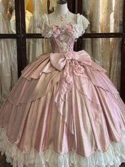 Robes Lolita féeriques bleues à nœuds fleurs et volants longues robes Lolita en dentelle