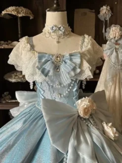 Robes Lolita féeriques bleues à nœuds fleurs et volants longues robes Lolita en dentelle