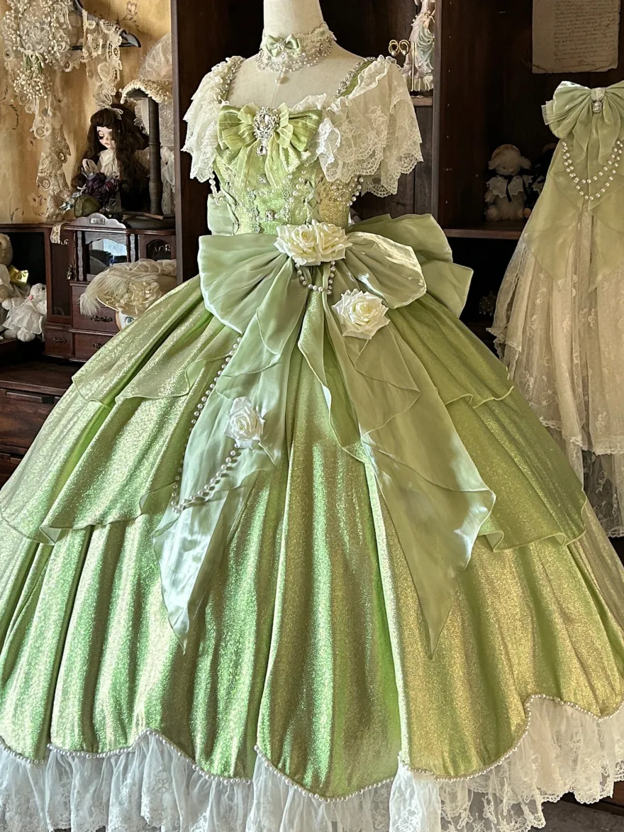 Robes Lolita féeriques bleues à nœuds fleurs et volants longues robes Lolita en dentelle