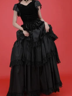 Robes Lolita Gothiques Dentelle à Volants Noir Noir