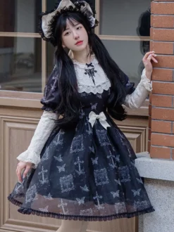 Robes Lolita Gothiques Noeuds Dentelle Motif Papillon Noir Noir