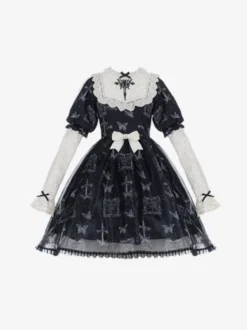 Robes Lolita Gothiques Noeuds Dentelle Motif Papillon Noir Noir