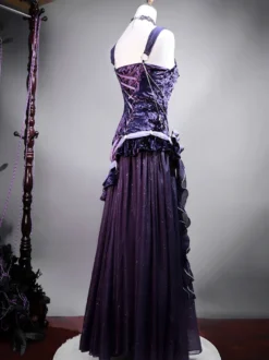 Robes Lolita gothiques pastel d' à volants nœud papillon dentelle fleurs nœuds violet romance gothique Lolita JSK