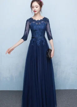 Robe soirée 2026 bleu en dentelle robe de bal demi-manche longueur au sol robe d'invité de mariage