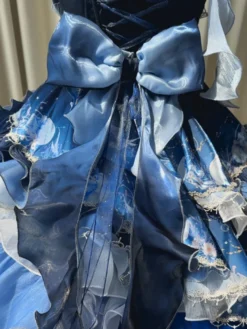 Robe Sweet Lolita bleu foncé sans manches style Tea Party imprimé floral jupe en organza avec détails en dentelle mode Kawaii