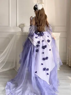 Robe Sweet Lolita brodée avec nœud papillon et lacets coupe haute et basse sans manches en maille violette
