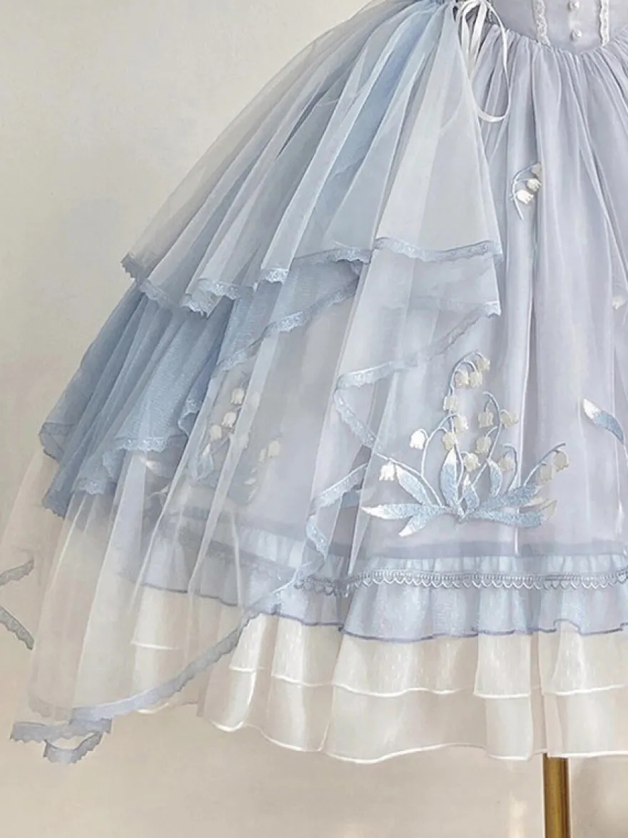 Robe Sweet Lolita JSK bleu ciel clair à volants nœuds et broderies sans manches