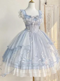 Robe Sweet Lolita JSK bleu ciel clair à volants nœuds et broderies sans manches