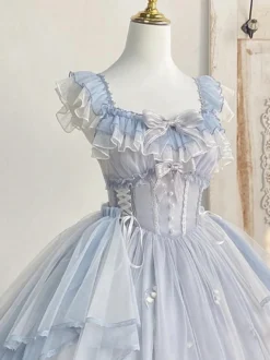 Robe Sweet Lolita JSK bleu ciel clair à volants nœuds et broderies sans manches