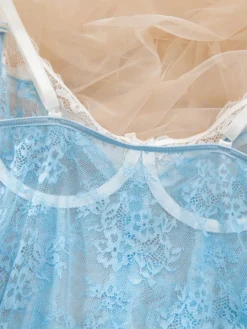 Robe transparente en dentelle bleu ciel clair à imprimé floral Babydolls Lingerie