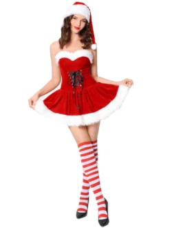 Robe Tunique De Noël Femme Robe Bustier À Lacet Sexy Mignonne Chapeau Rouge Polyester Costumes Cadeau Noël Déguisement