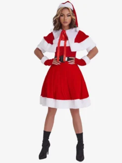 Robe tunique de Noël femmes Gants en fibre de polyester rouge Robe à ceinture Polyester Bloc de couleur Costumes de vacances de Noël