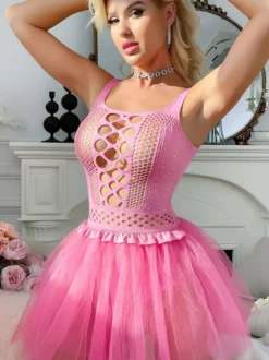 Robe tutu en résille strass sans manches mini-robe en tulle ajourée tenue de soirée/club/lingerie pour femme