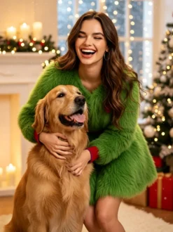 Robe verte imprimée à manches longues pour femme costume de Noël.