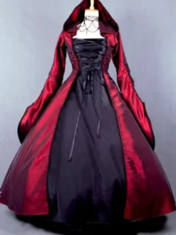 Robe Victorienne médiévale Opéra Déguisement Sorcière Rouge Manche Longue Robe Costume Halloween Bourgogne
