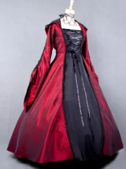 Robe Victorienne médiévale Opéra Déguisement Sorcière Rouge Manche Longue Robe Costume Halloween Bourgogne