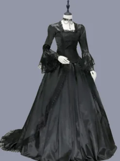 Robe Victorienne Noire Corset à Volants et Dentelle Costume Femme Marie-Antoinette Style Gothique Rococo pour Bal Masqué