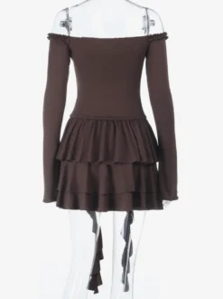 Robe à volants étagés pour femme - Robe mini Balletcore marron café épaules dénudées manches longues - Fête d'anniversaire printanière 2026