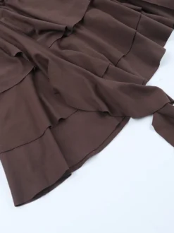 Robe à volants étagés pour femme - Robe mini Balletcore marron café épaules dénudées manches longues - Fête d'anniversaire printanière 2026