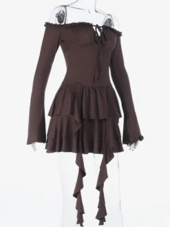 Robe à volants étagés pour femme - Robe mini Balletcore marron café épaules dénudées manches longues - Fête d'anniversaire printanière 2026