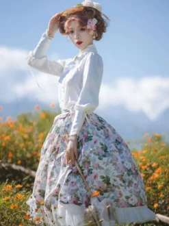 ROCOCO Style Blouses Lolita Haut Lolita Volants Noeuds Chemisier Manches Longues Chemise Lolita Blanche