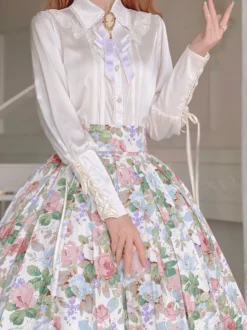 ROCOCO Style Blouses Lolita Haut Lolita Volants Noeuds Chemisier Manches Longues Chemise Lolita Blanche