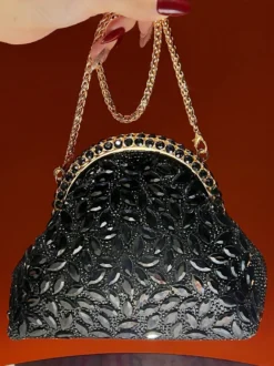 Sac bandoulière de mariée en forme de coquillage irrégulière entièrement orné de strass pochette de soirée rigide avec chaîne amovible