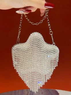 Sac bandoulière de soirée à franges en strass en forme de cœur ondulé pochette convertible en sac à bandoulière à chaîne
