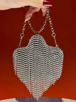 Sac bandoulière de soirée à franges en strass en forme de cœur ondulé pochette convertible en sac à bandoulière à chaîne