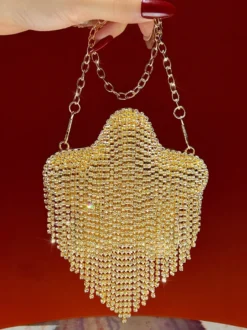 Sac bandoulière de soirée à franges en strass en forme de cœur ondulé pochette convertible en sac à bandoulière à chaîne
