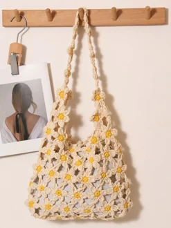 Sac cabas ajouré en crochet à motif marguerite style bohème idéal pour l'été sac bandoulière tissé parfait pour les vacances à la plage